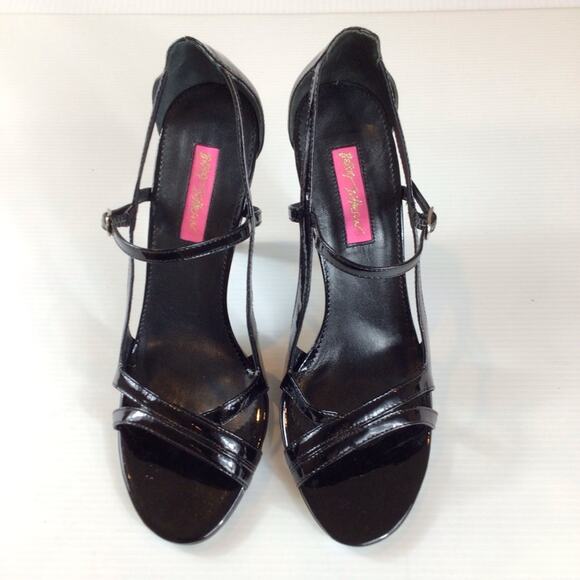 Betsey Johnson Fayruz Open Toe Black Patent Leather Lucite Heels Women's 9M - Picture 2 of 9